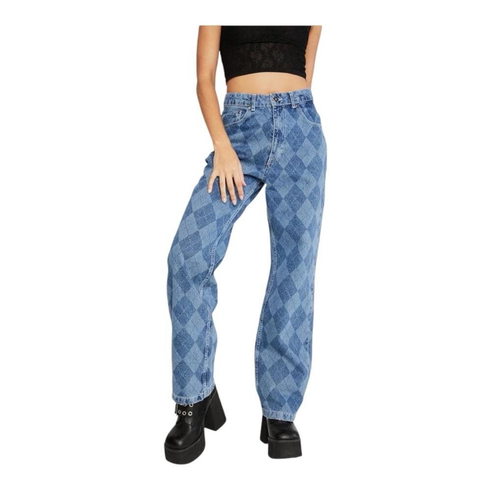 The Ragged Priest Detention Argyle Print Denim Punk Alternative Dad Jeans